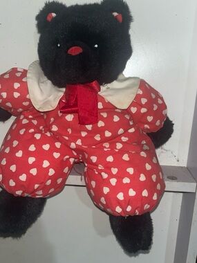 VTG 1980s Hugfun Black Bear Plush Clown suit Red White Hearts Valentine Teddy